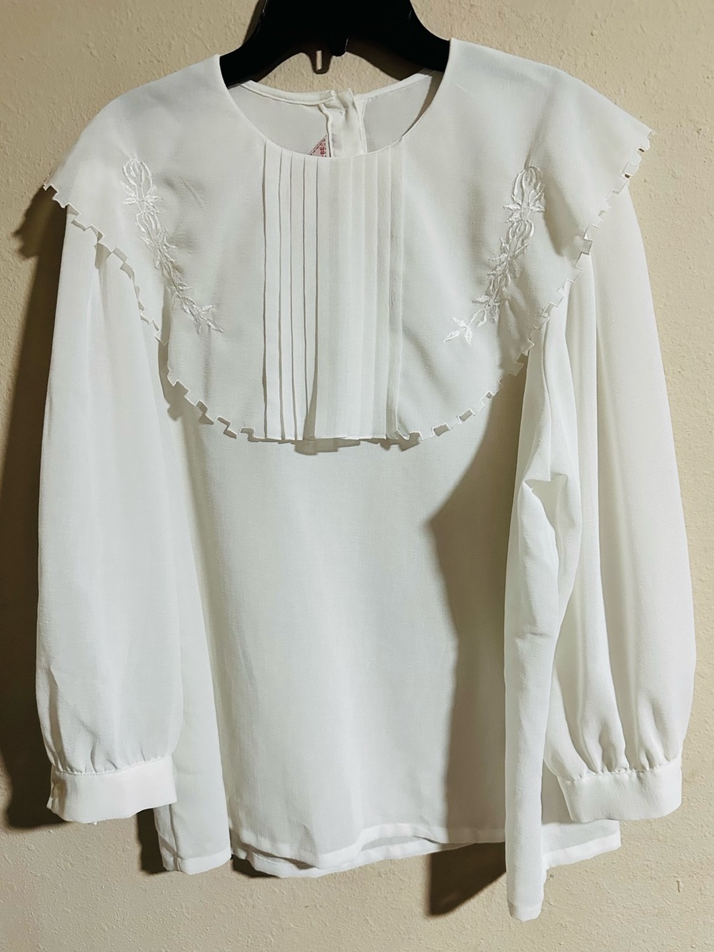 Vintage CEO White Ruffled Bib-Front Blouse with Pintuck Detail and Embroidery
